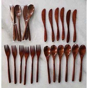 24Pcs /8 Place Settings Wooden Knifes Forks Spoons Picnic Charcouterie OPEN BOX